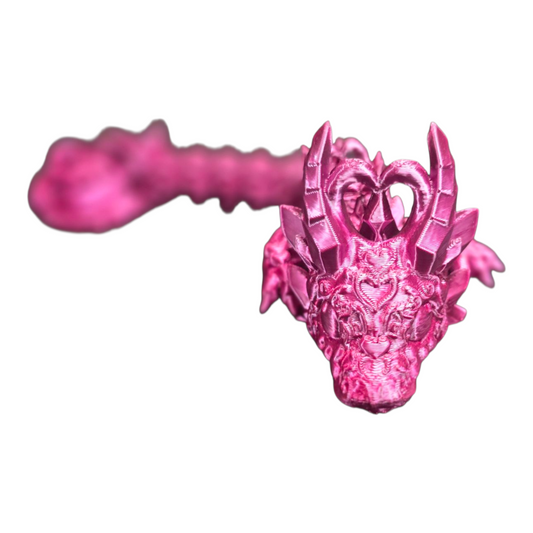 Detailed 3D printed dragon face close-up – baby dark heart dragon fantasy figurine with articulated joints