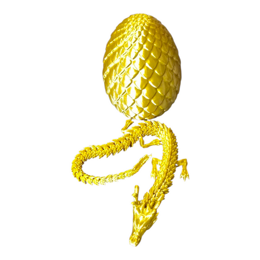 Silk gold 3D printed dragon egg with matching curled dragon in front, closed egg design, dragon fits inside