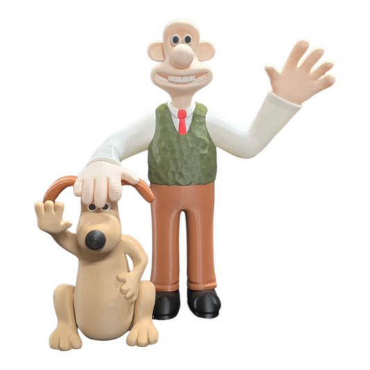 Wallace and Gromit 3D prints, Wallace waving and patting Gromit, Gromit waving, no Feathers McGraw in frame
