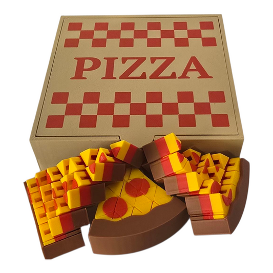 3D printed toy pizza set in PLA. pizza toy, FDM additive manufacturing, removable slices for fidget play