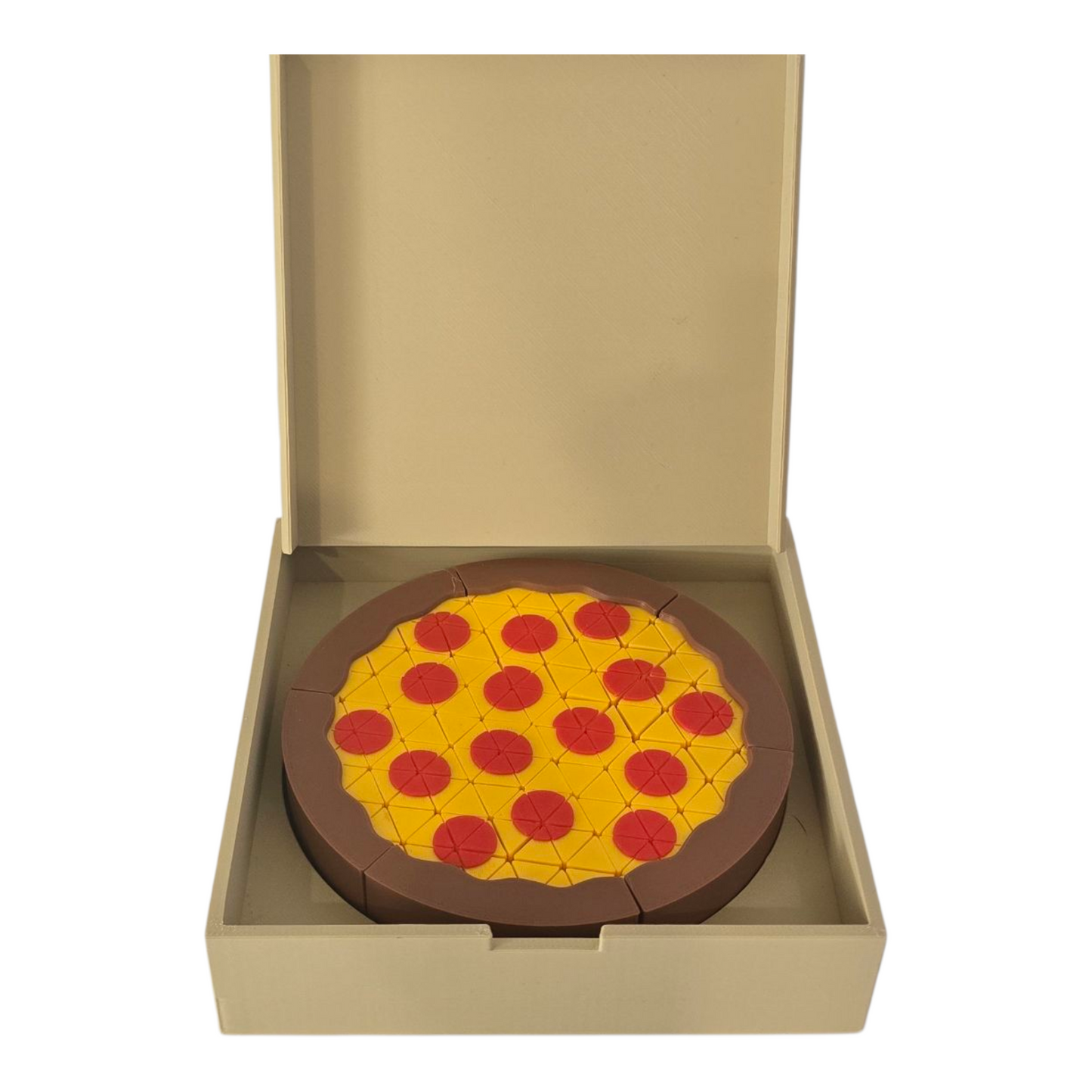 3D printed toy pizza set in PLA inside open pizza box, FDM additive manufacturing, removable slices for fidget play