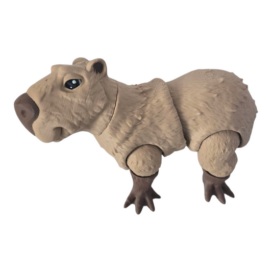 articulated capybara figurine with poseable head, arms and legs, 3D printed desk buddy on white background
