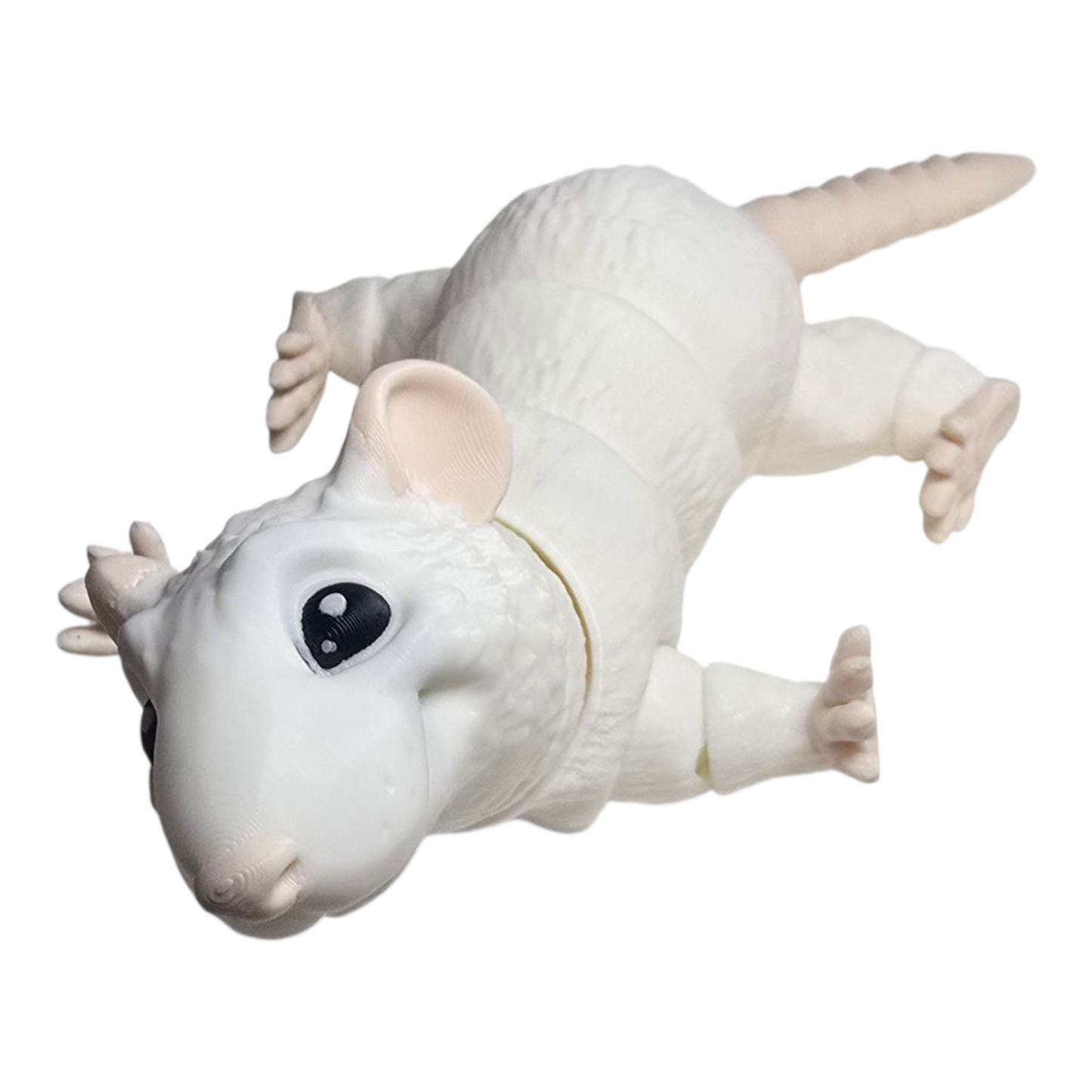 white 3D printed rat with red eyes and movable limbs