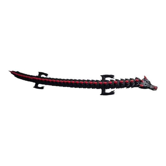 articulated 3D printed dragon fire edition, black body red spikes, flexible segments