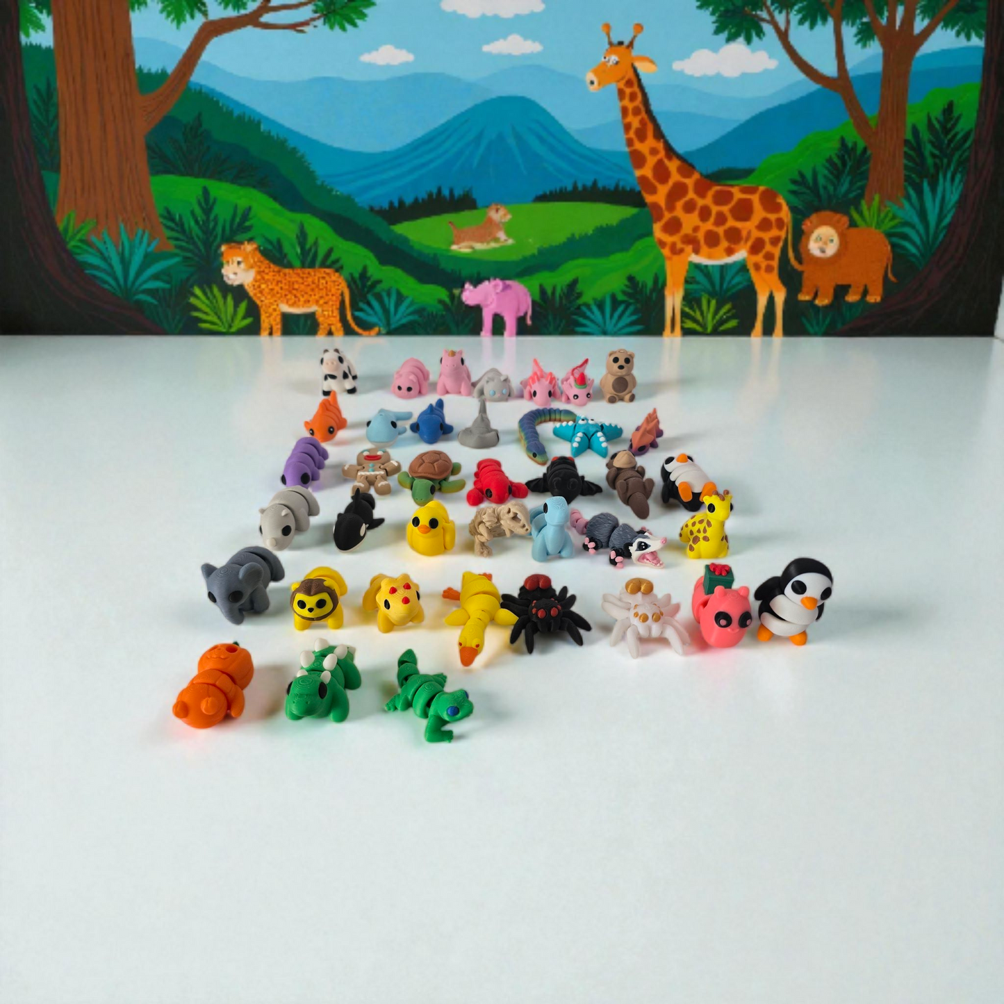 a collection of 3d printed sensory fidget animals that articulate. they have been printed in PLA plastic and are a gift for kids, gift for christmas, gift for birthdays.