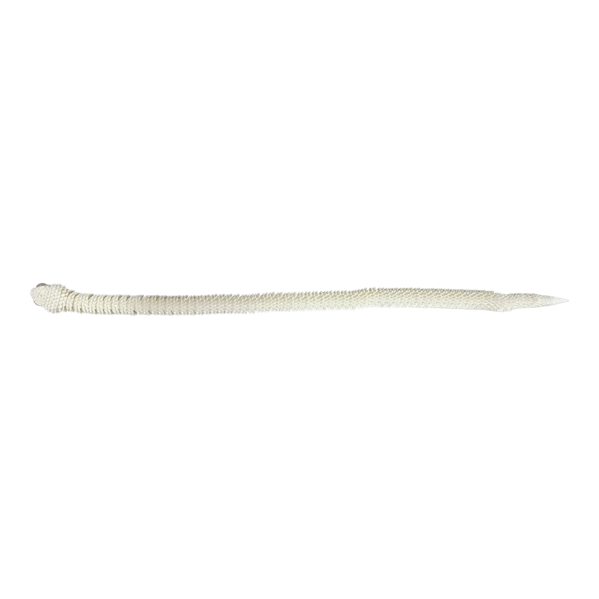 Top-down view of white 3D printed articulated snake – long flexible 3D printing toy with realistic reptile eye