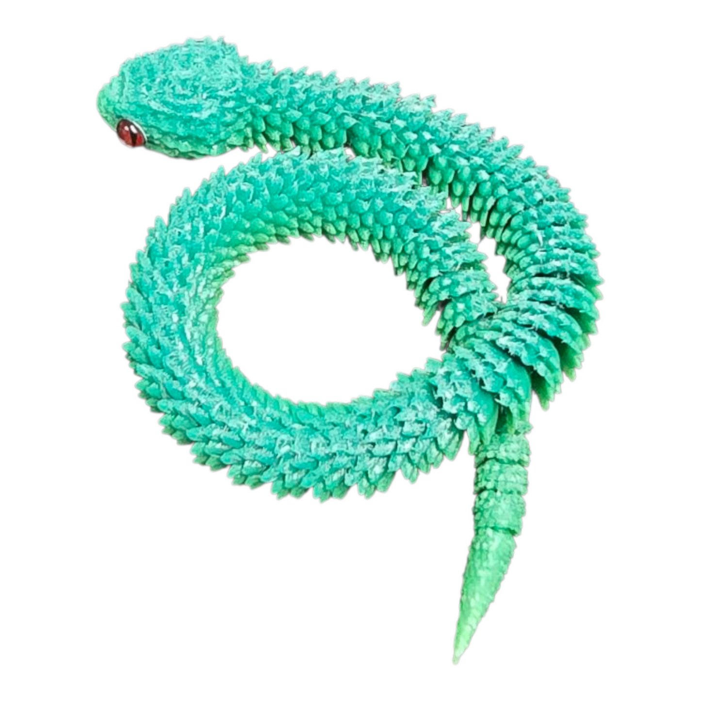 Semi close-up of green 3D printed snake with bold red reptile eye – detailed 3D printed fidget toy for kids and adults