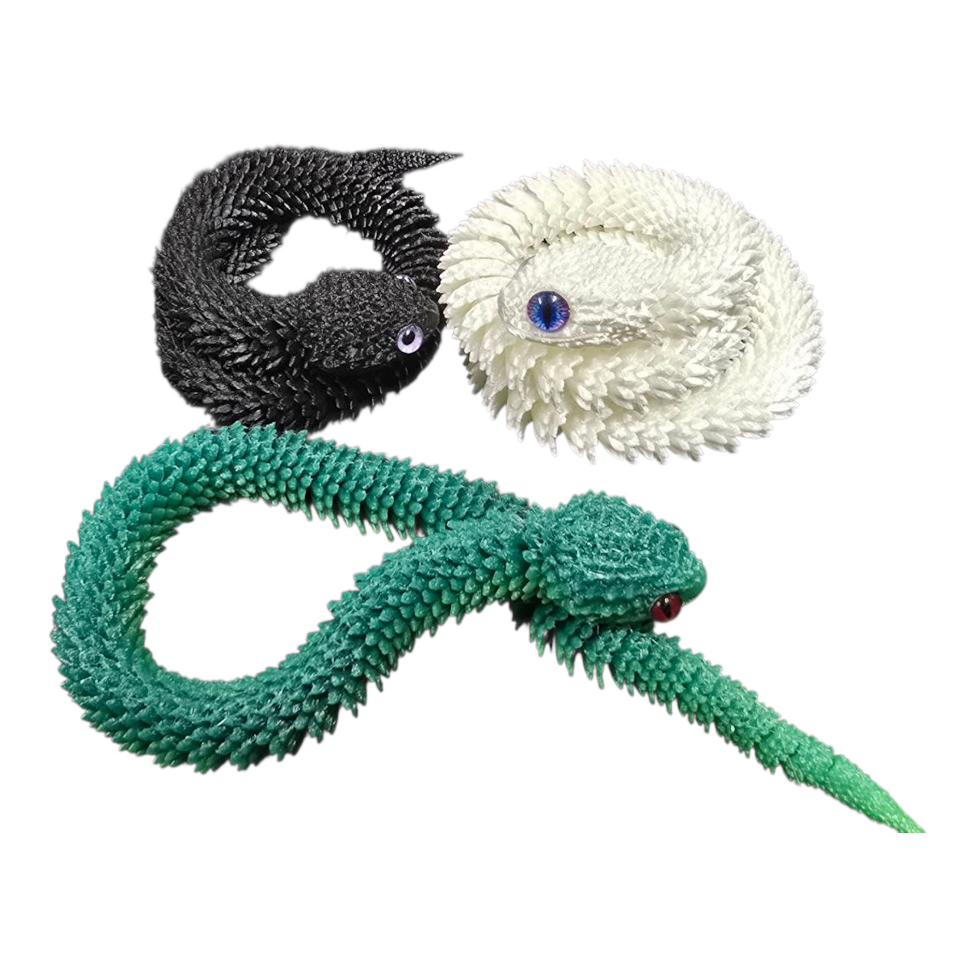 3D printed articulated snake toys with realistic reptile eyes – curled black and white snakes and green snake resting head on tail, perfect 3D printed gift