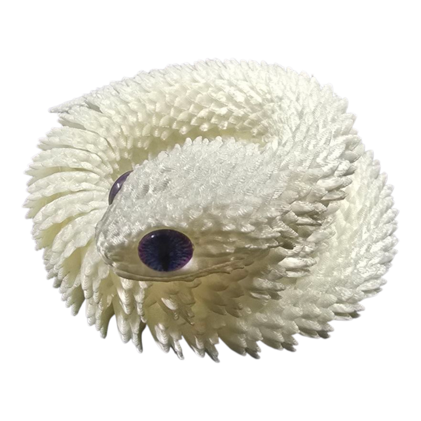 Close-up of 3D printed white snake’s head with glued reptile eye – realistic 3D printing gift for reptile lovers and collectors
