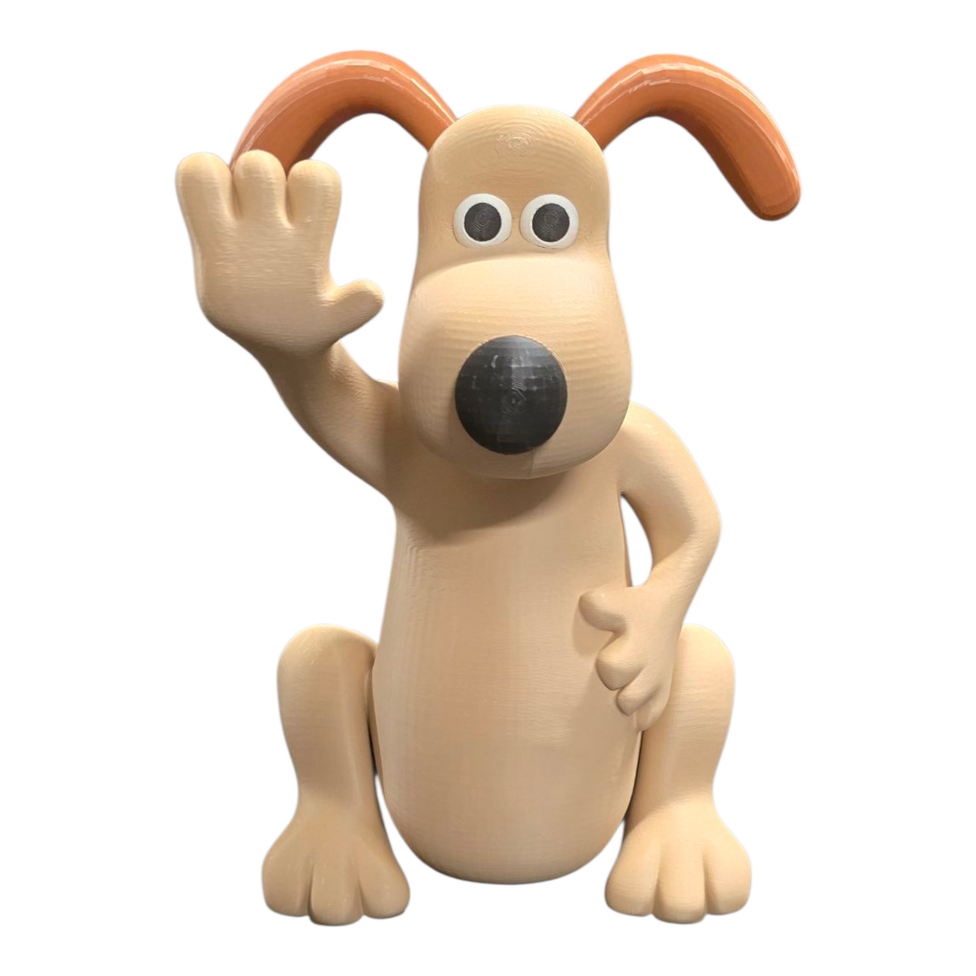 Front view of Gromit 3D print, waving to the camera with friendly expression

