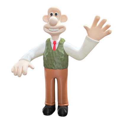 Front view of Wallace 3D print, smiling widely while waving, other hand in patting pose
