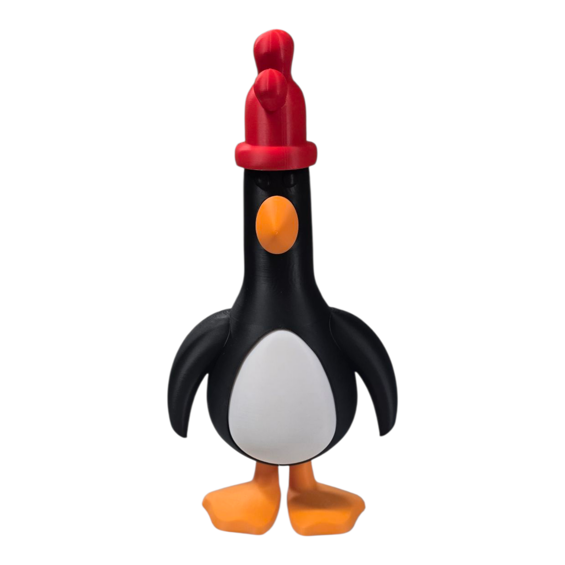 Feathers McGraw 3D print front view with red glove hat on, showing mischievous expression
