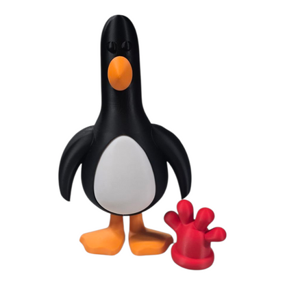Feathers McGraw 3D print with removable red glove hat placed beside his left foot, front view
