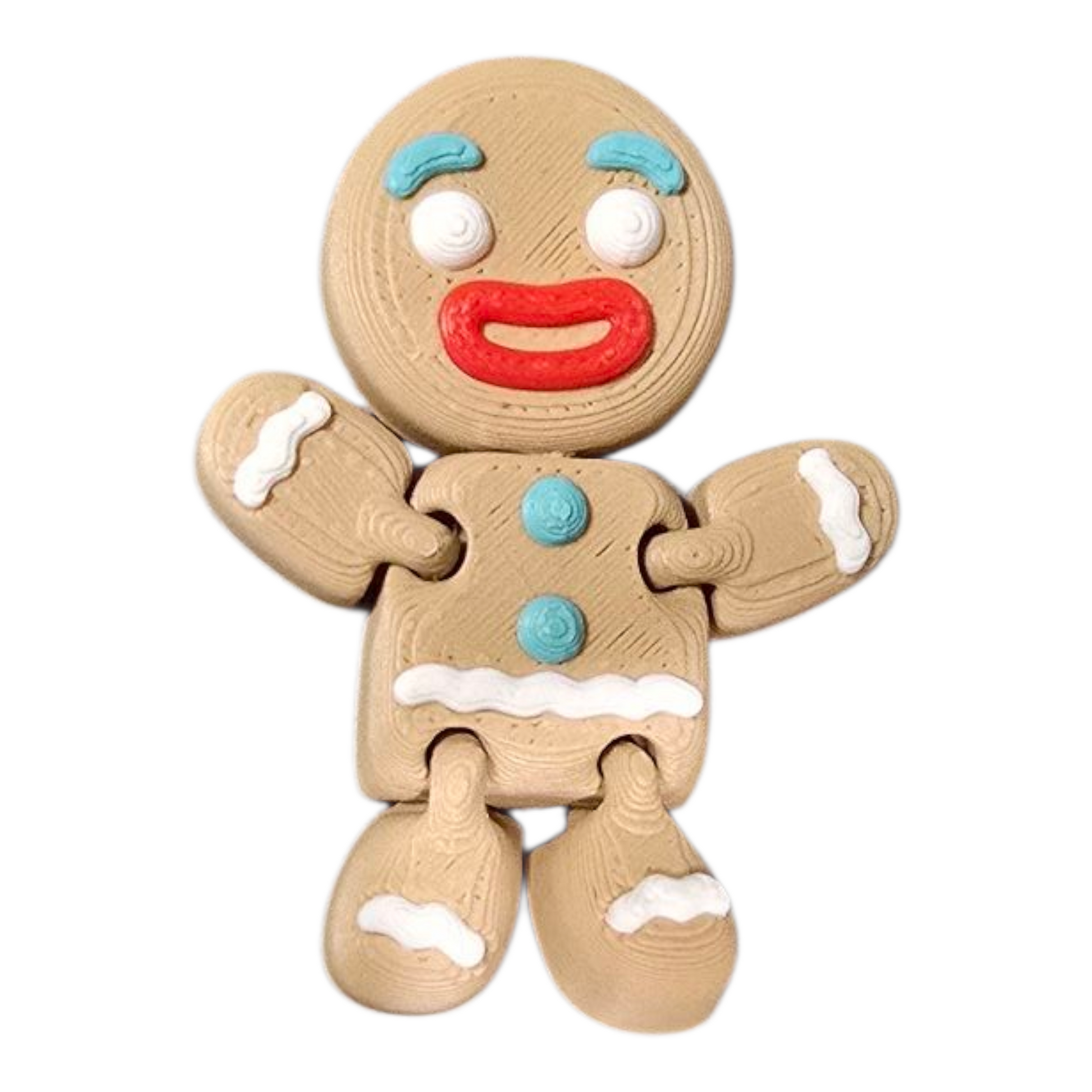 Beige puzzle toy shaped like a gingerbread man with colorful details on a white background