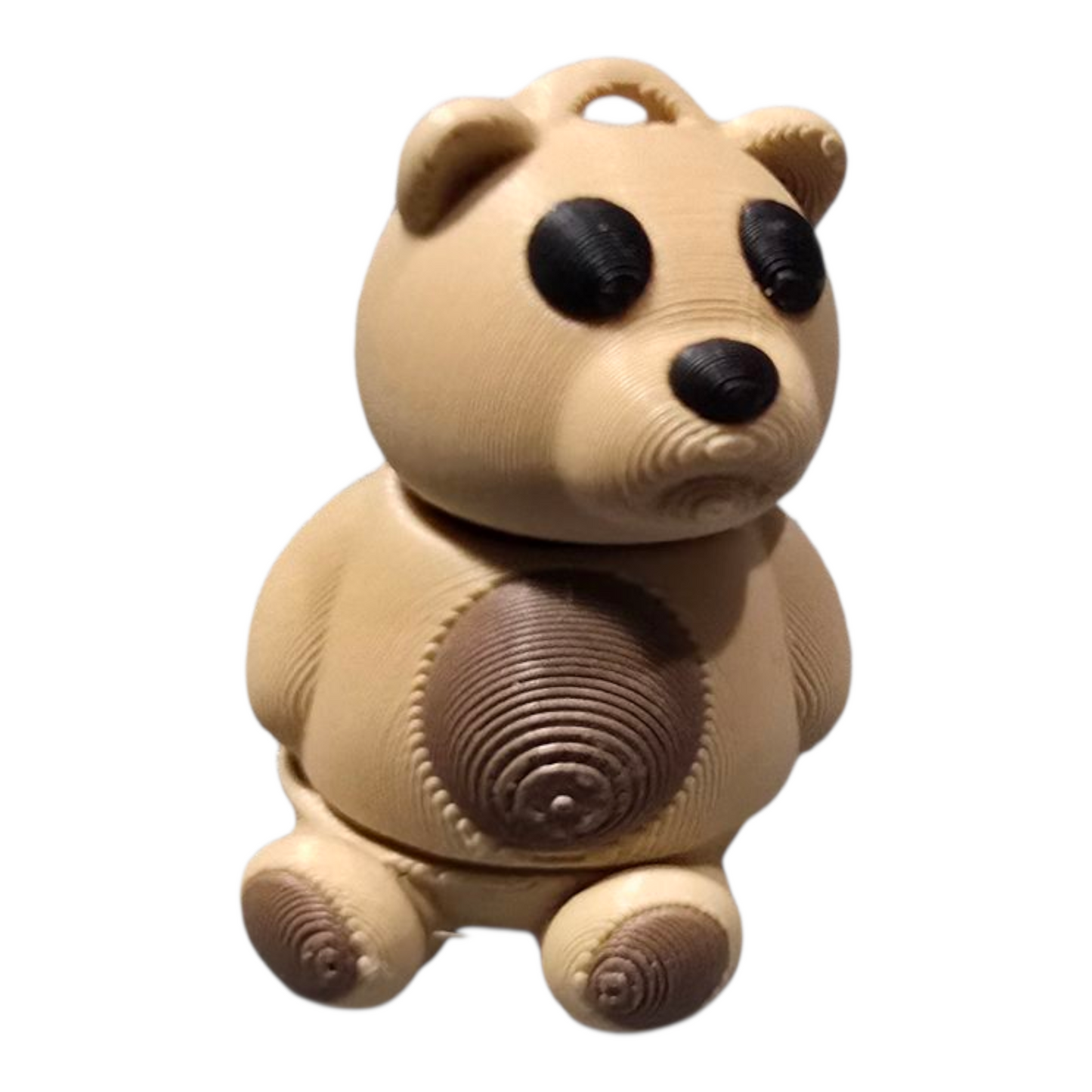 a 3d printed teddy bear flexible sensory fidget animal in brown, black and beige PLA filament