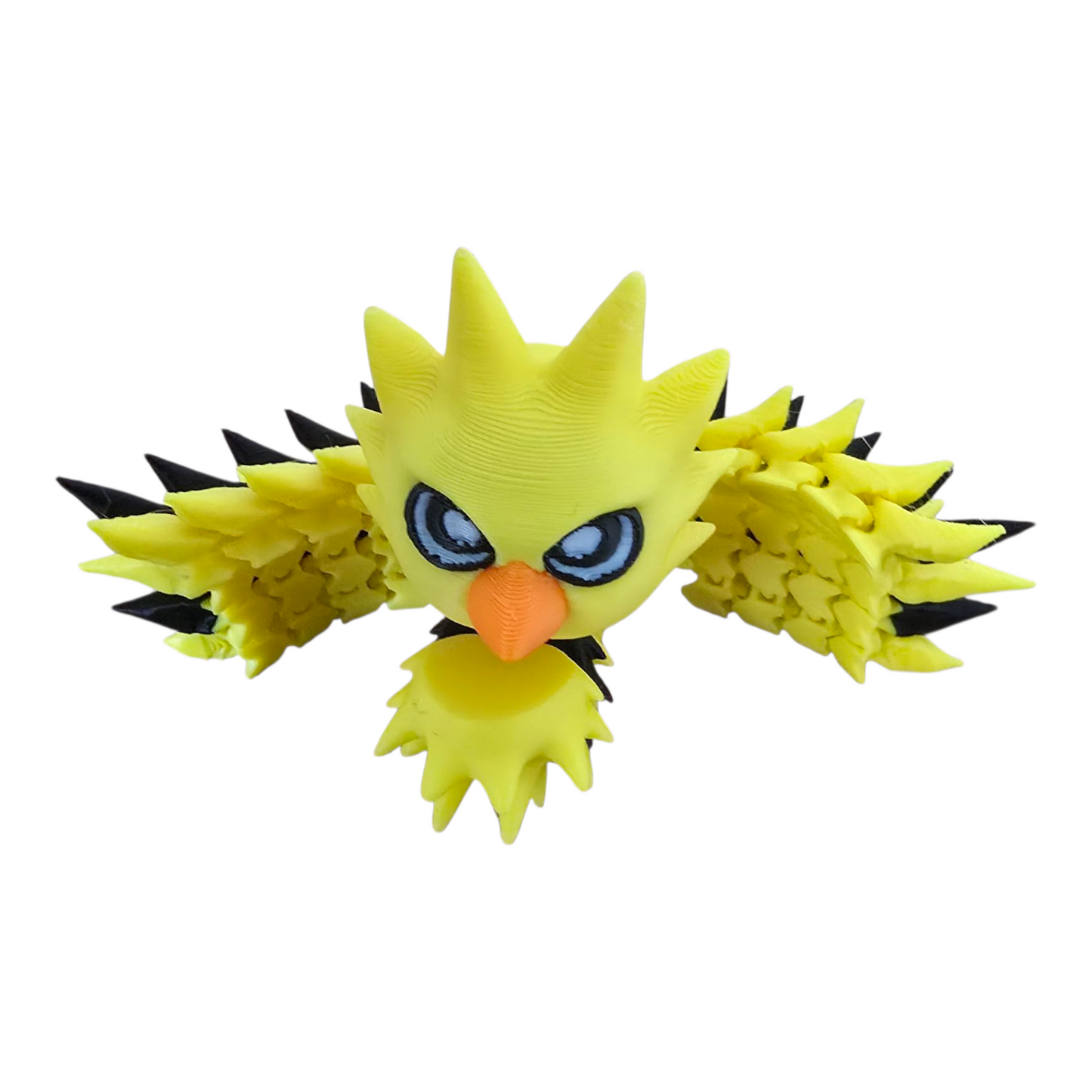 electric bird pocket pal in yellow and black, articulated and poseable on white background