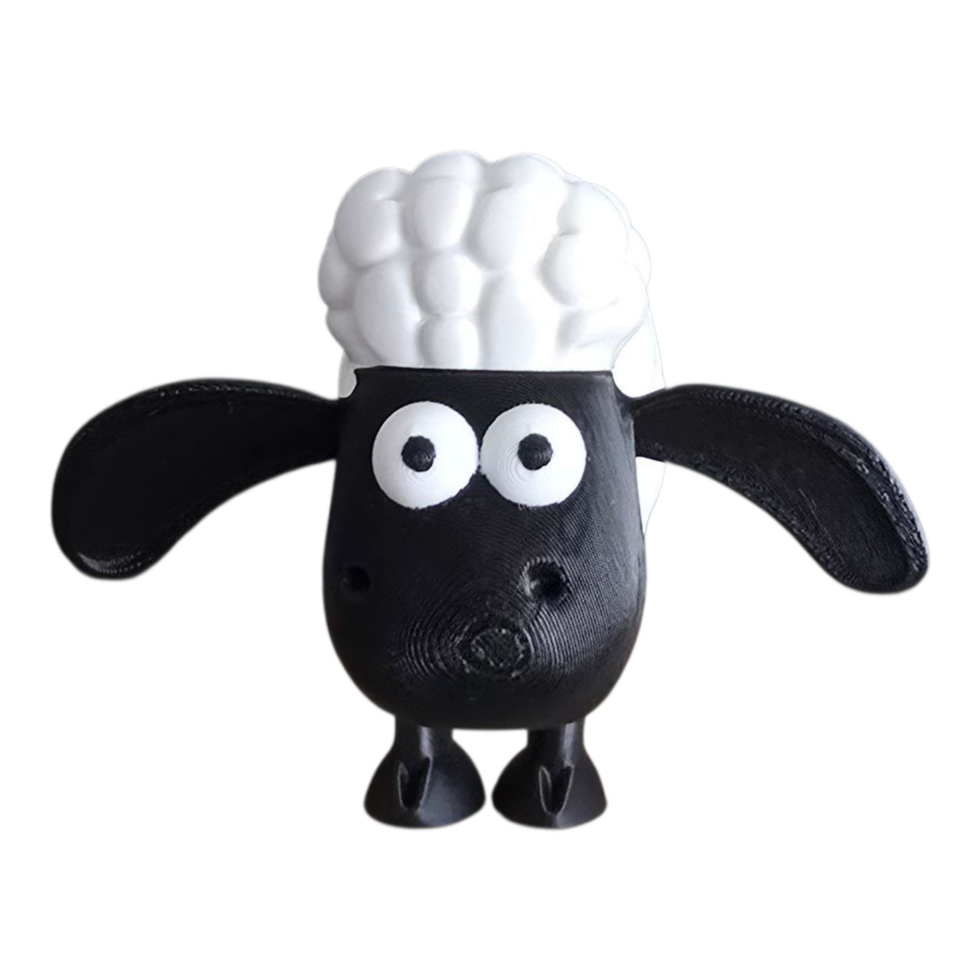 3d printed shaun the sheep inspired figurine with fluffy white body and black face on white background. 3d printing gift