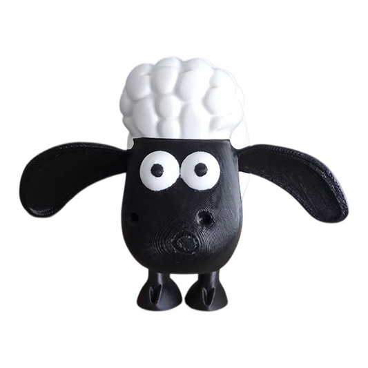 3d printed shaun the sheep inspired figurine with fluffy white body and black face on white background. 3d printing gift