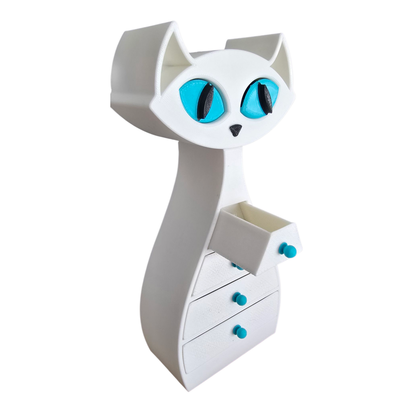 Side view of cat jewelry box showing  drawer is open