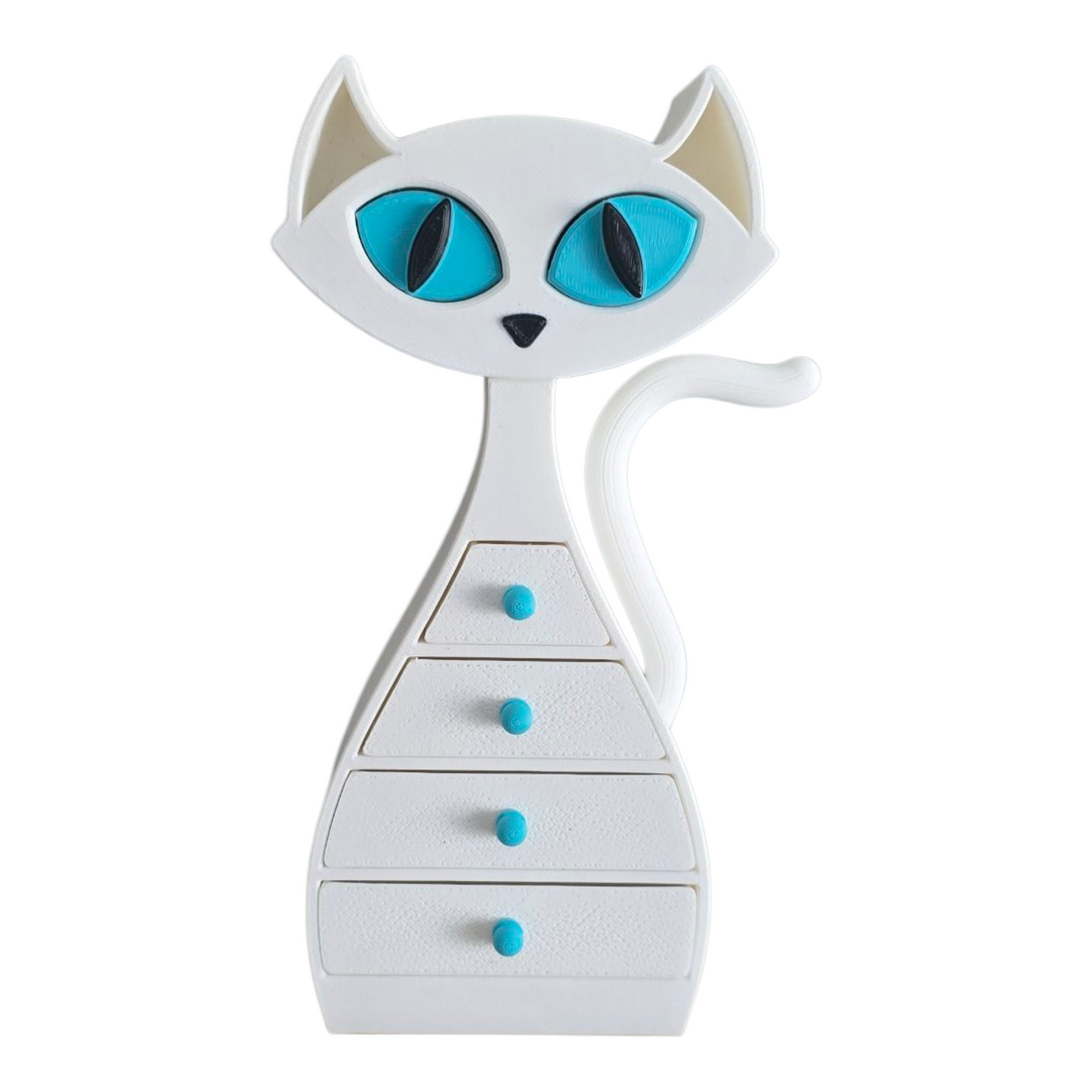 3D printed white cat‑shaped drawer organizer with teal eyes and four mini drawers