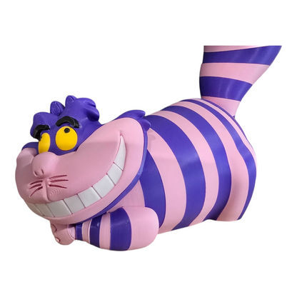 Fan‑inspired grinning cat statue with high tail, 21 cm length