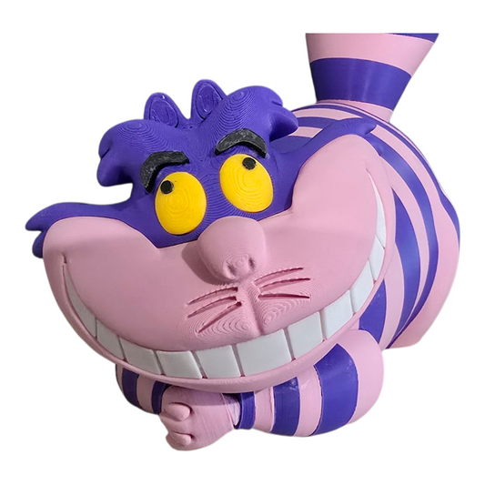 3D printed Cheshire Cat inspired desk figurine with purple and pink stripes