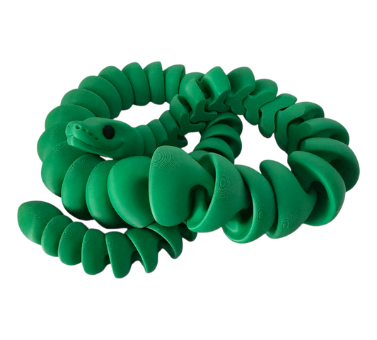  articulated green ball python fidget toy coiled with black eyes on white background