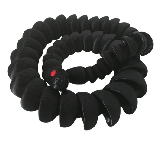  articulated black ball python fidget toy coiled with red eyes on white background