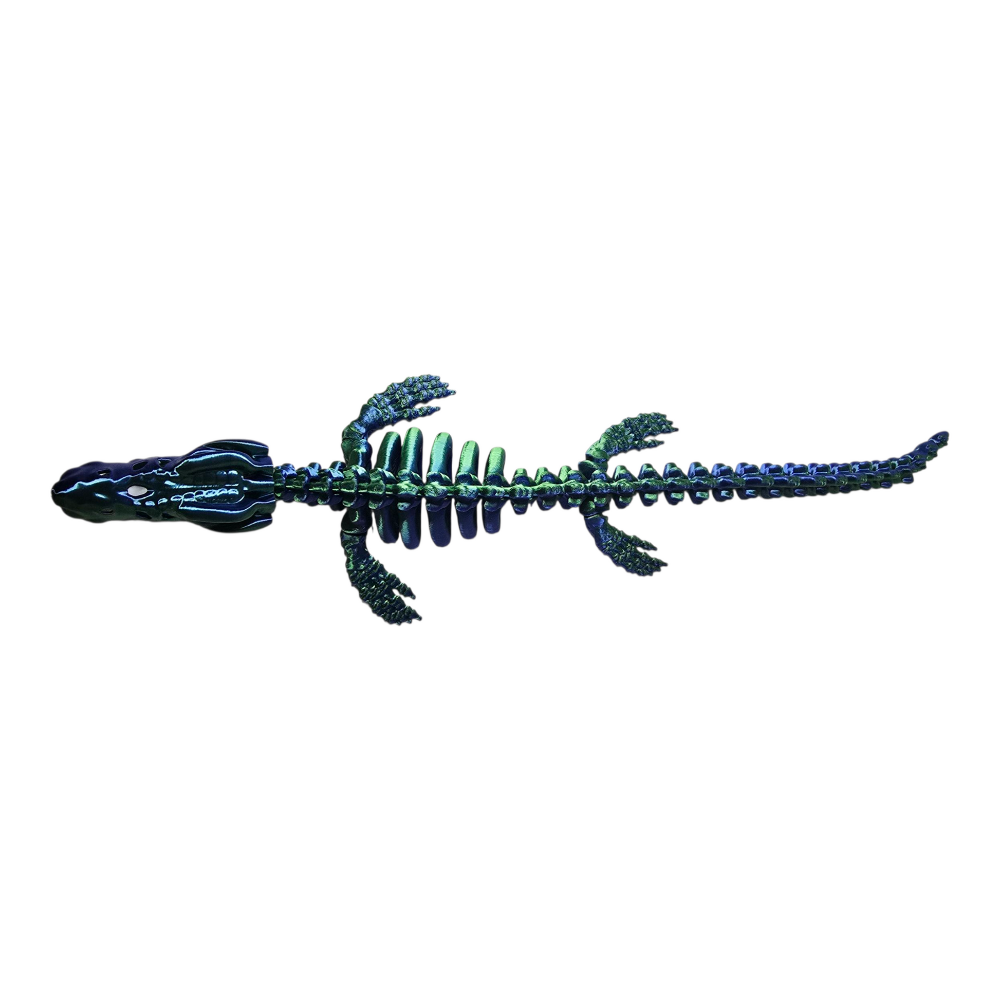 Blue and green lizard-shaped toy on a white background