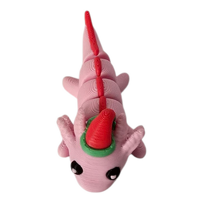 a 3d printed axolotl with a christmas hat flexible sensory fidget animal