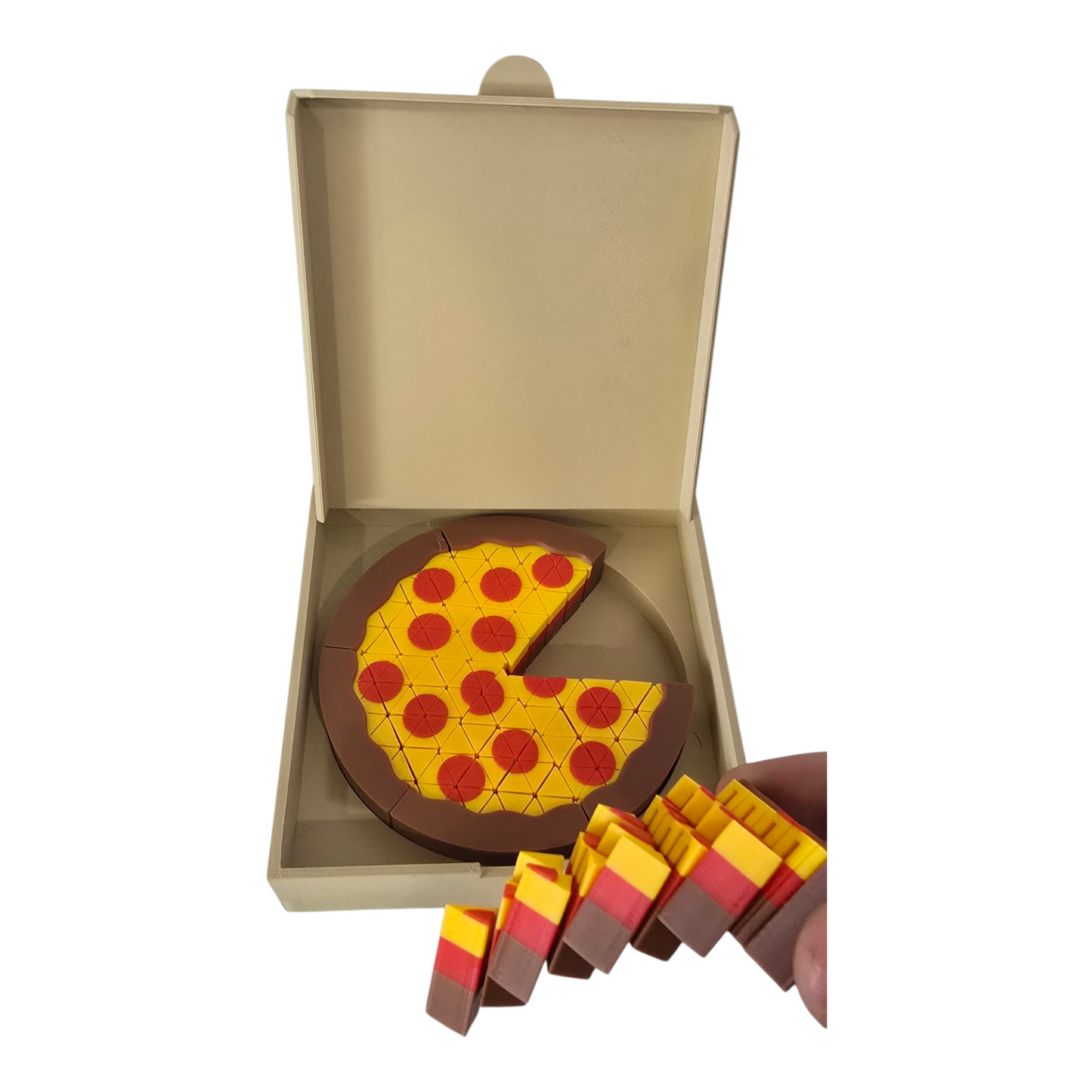 3D printed toy pizza set in PLA inside open pizza box, FDM additive manufacturing, removable slices for fidget play