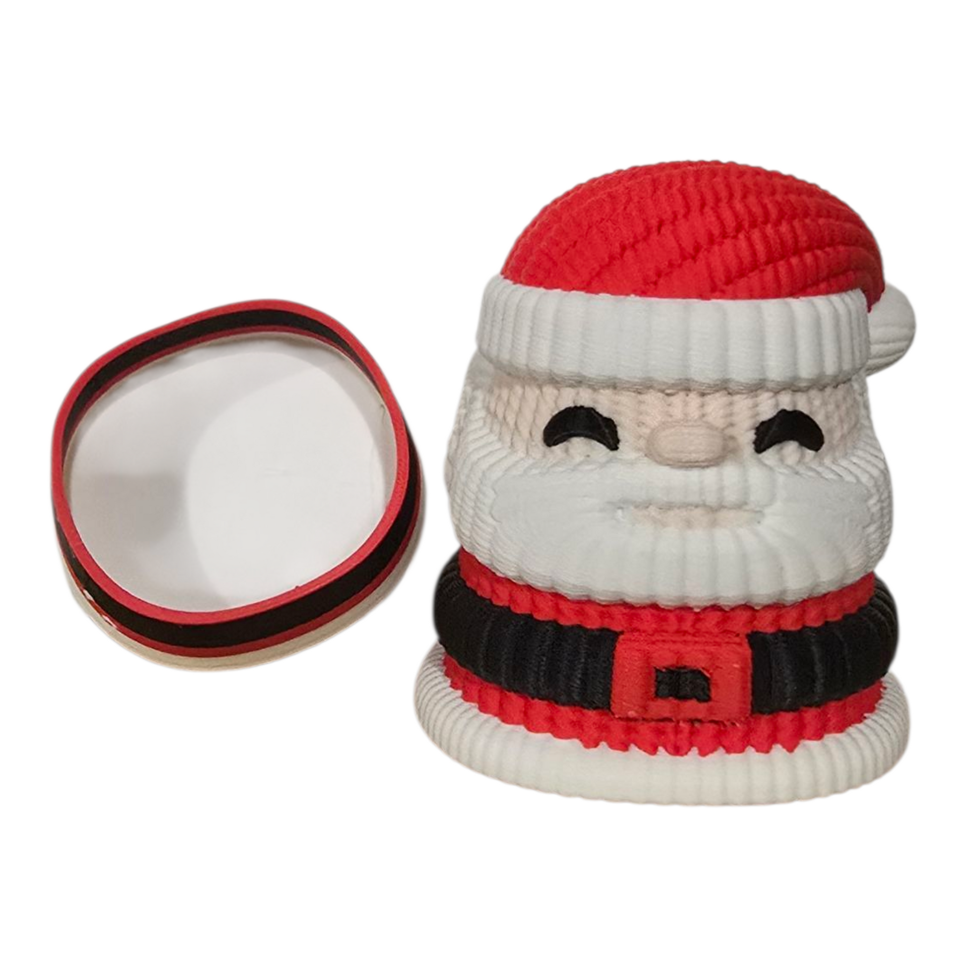 3d printed santa ring box with the bottom ring container showing. 3d printed in vibrant festive christmas gift colours.