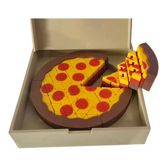 3D printed toy pizza set in PLA inside open pizza box, FDM additive manufacturing, removable slices for fidget play. showing a 3d printed pizza slice being removed