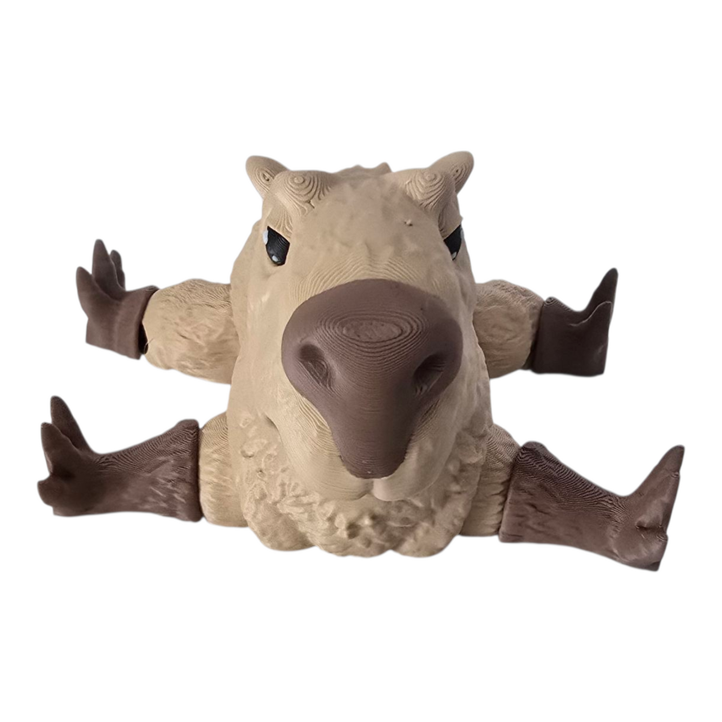 close up photo of an articulated capybara figurine with poseable head, arms and legs, 3D printed desk buddy on white background. printed with FDM 3d printer with PLA filament