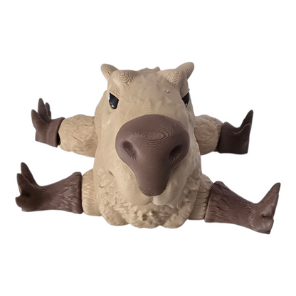 close up photo of an articulated capybara figurine with poseable head, arms and legs, 3D printed desk buddy on white background. printed with FDM 3d printer with PLA filament