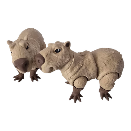 two 3d printed articulated capybaras with poseable heads, arms and legs, 3D printed desk buddies on white background. printed with FDM 3d printer with PLA filament