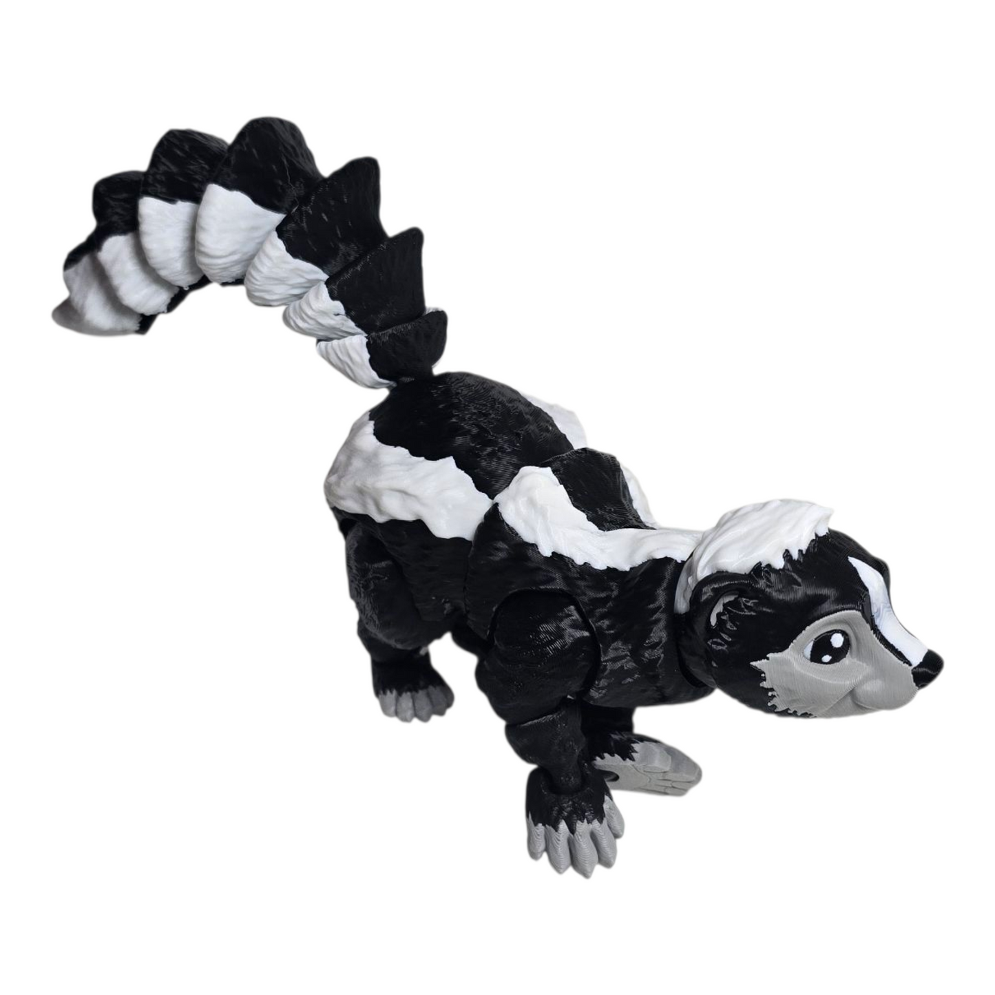 3D printed skunk with tail up locked, PLA articulated toy