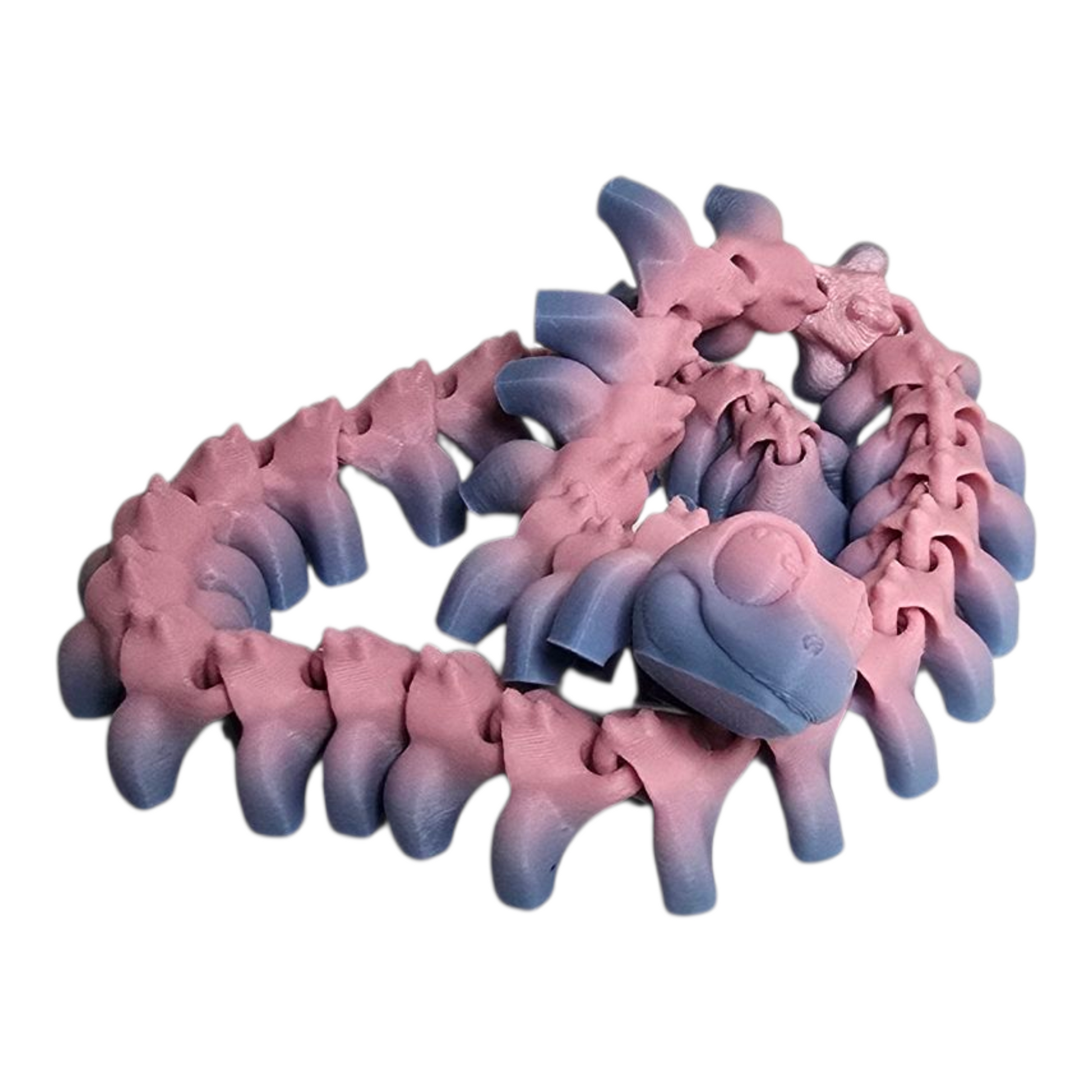 articulated dragon skeleton style snake, 3D print flexi; PLA dragon bone serpent coiled on desk, FDM 3D printed