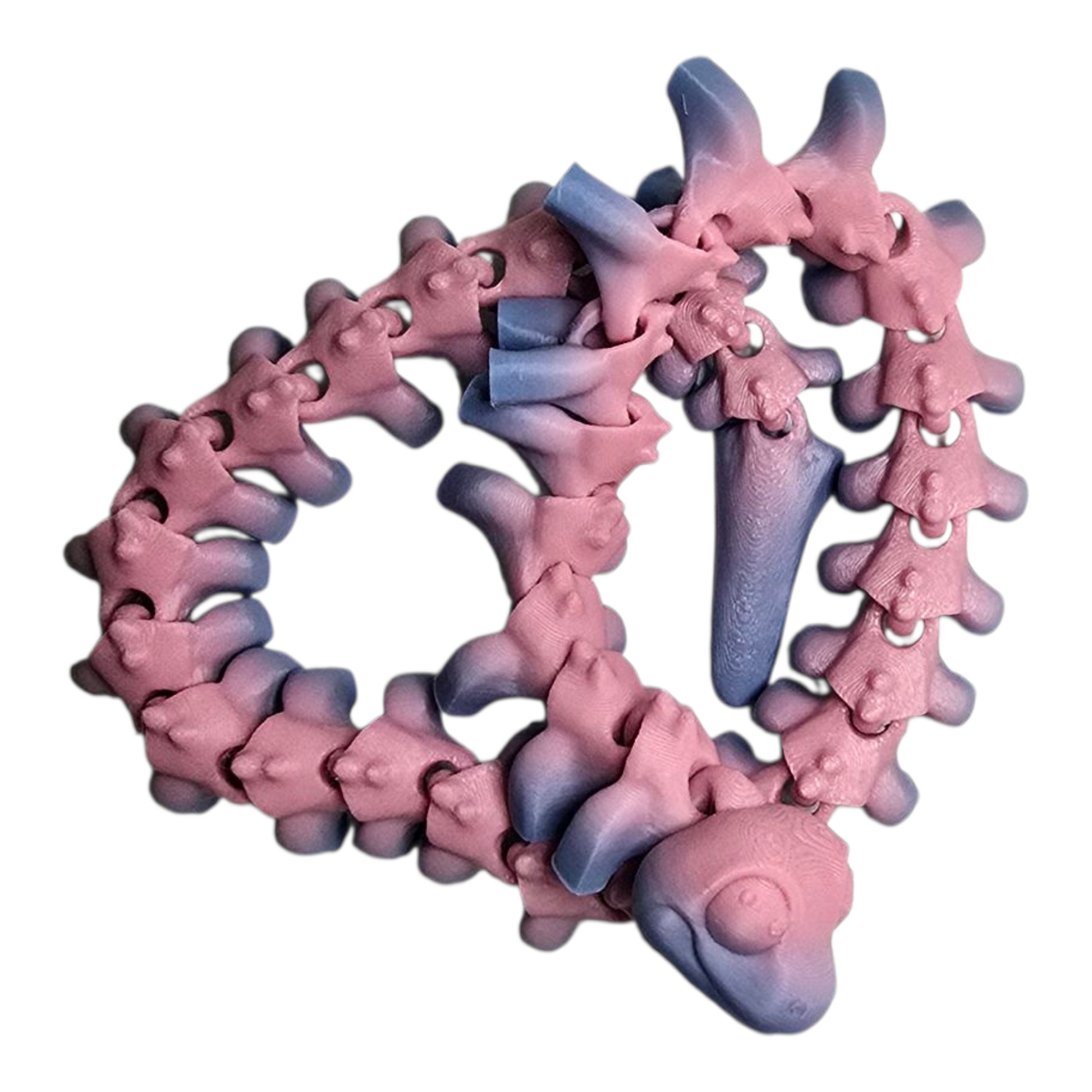 3D printed skeleton serpent, dragon‑bone flexi fidget toy in PLA, articulated segments ~42 cm