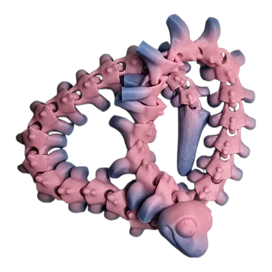 3D printed skeleton serpent, dragon‑bone flexi fidget toy in PLA, articulated segments ~42 cm