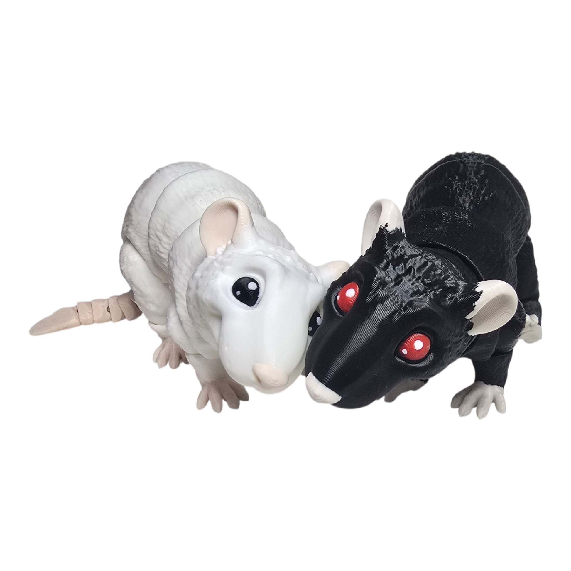 articulated 3D printed rats in white and black with movable head, legs, and tail, desktop figurines on white background