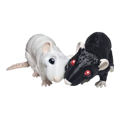articulated 3D printed rats in white and black with movable head, legs, and tail, desktop figurines on white background