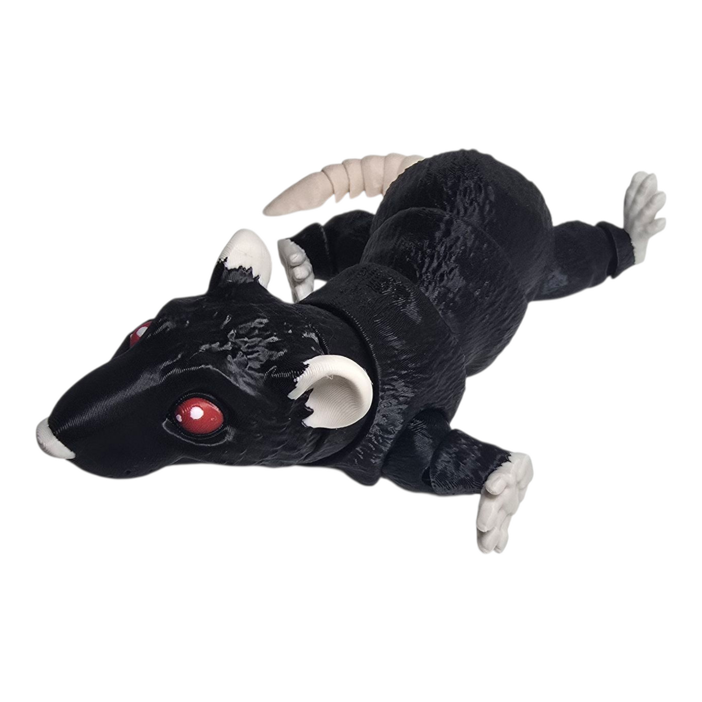 black 3D printed rat with red eyes and movable limbs