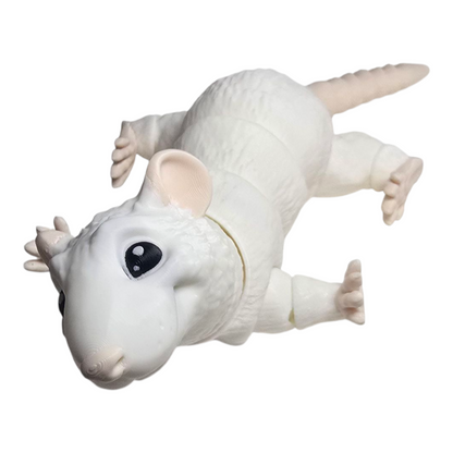 white 3D printed rat with red eyes and movable limbs