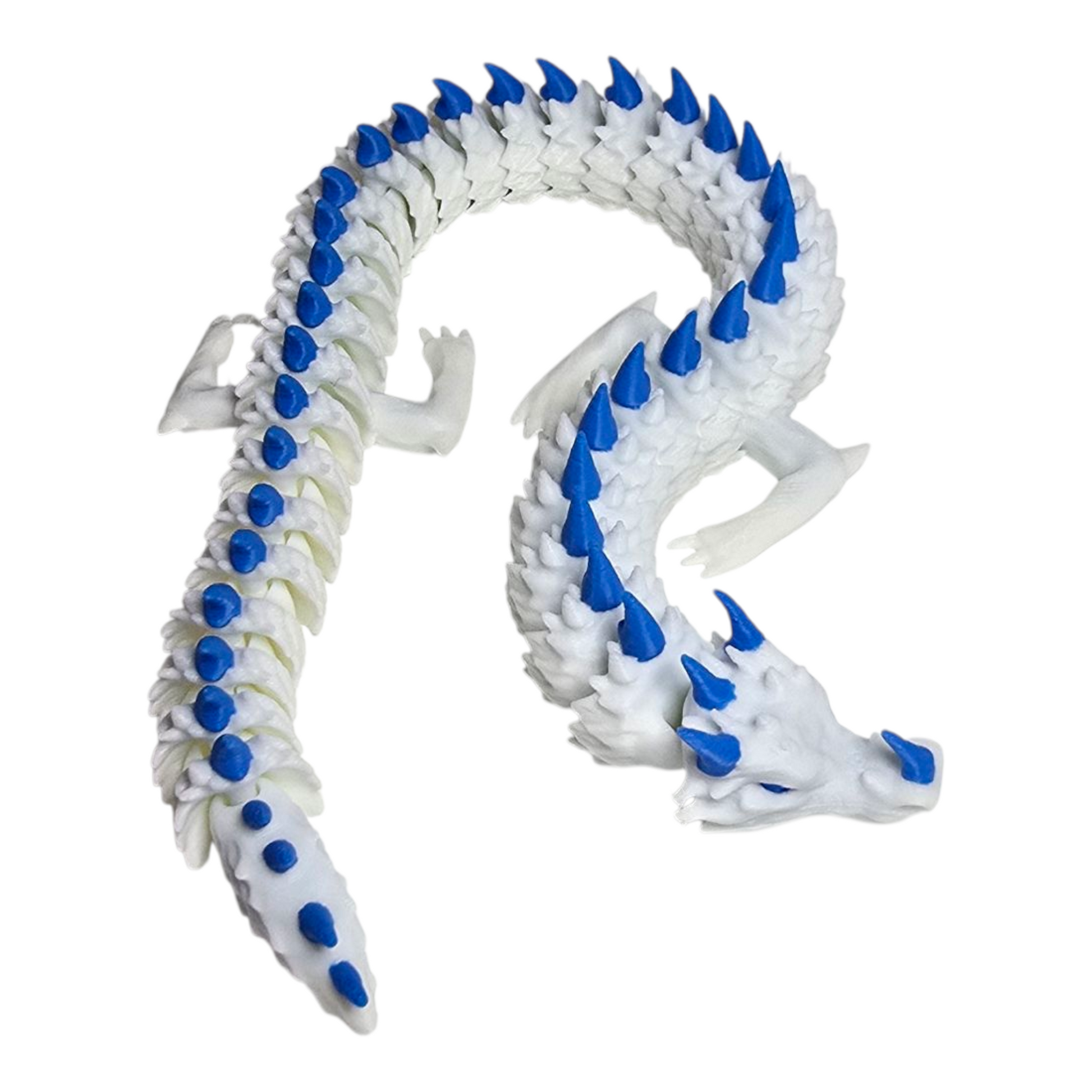 articulated 3D printed dragon ice edition, white body blue spikes, FDM PLA