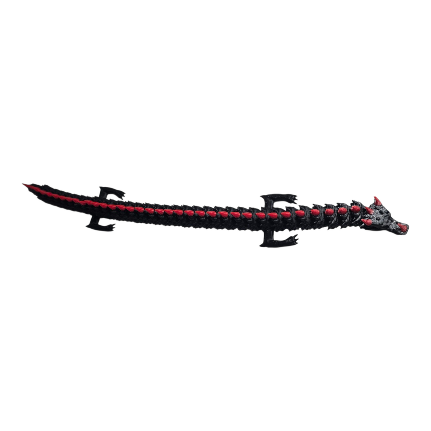 articulated 3D printed dragon fire edition, black body red spikes, flexible segments